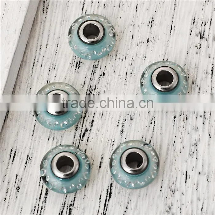 Lampwork Glass&Cubic Zirconia European Style Large Hole Charm Beads Round Green Blue Clear W/ Stainless Steel Silver Tone Core