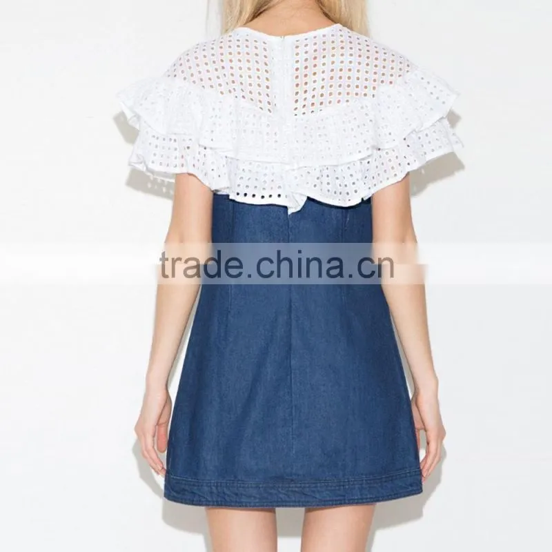 New Latest Girls Sweet Ruffle Mesh Casual Denim Mini Dress Women Patchwork Designs For Dresses
