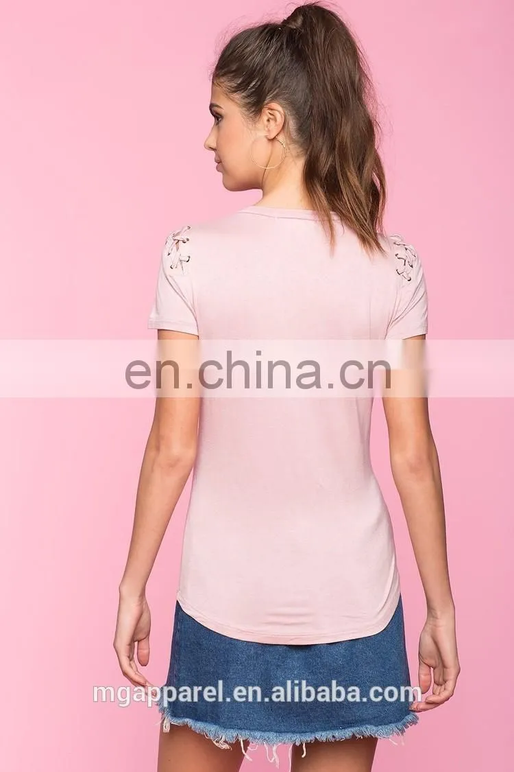 Wholesale custom comfort colors t-shirts fashion lady t-shirt with lace-up details