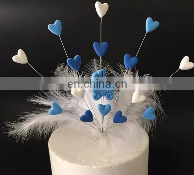 Unique Design Baby Birthday Party Decoration Clay Baby Carriage Heart Shaped With Feather Cake Topper