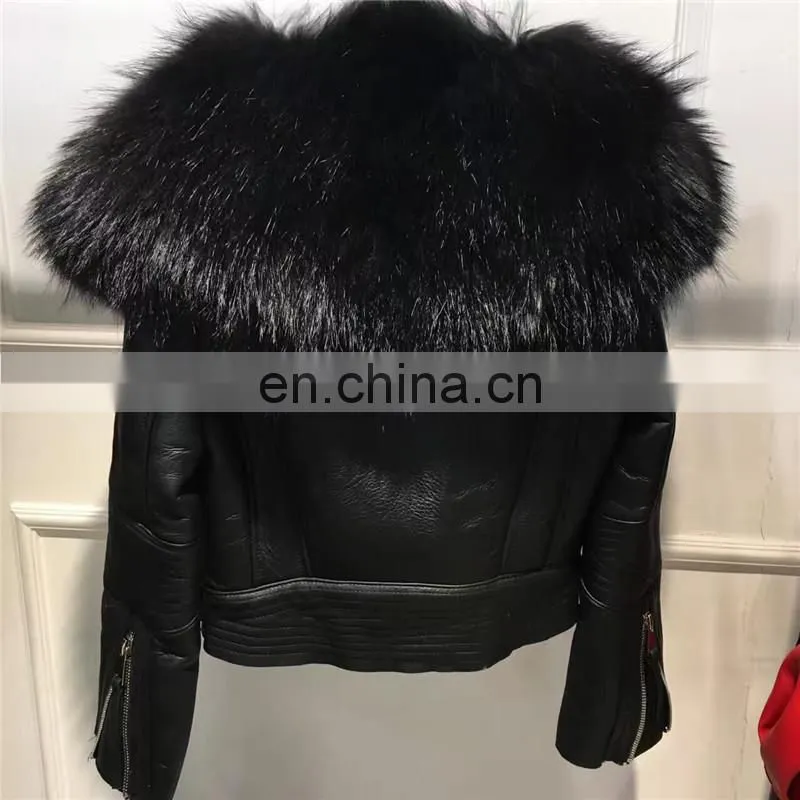 2016 Fashion European Leather Jacket Trench Raccoon Fur Coat For Ladies