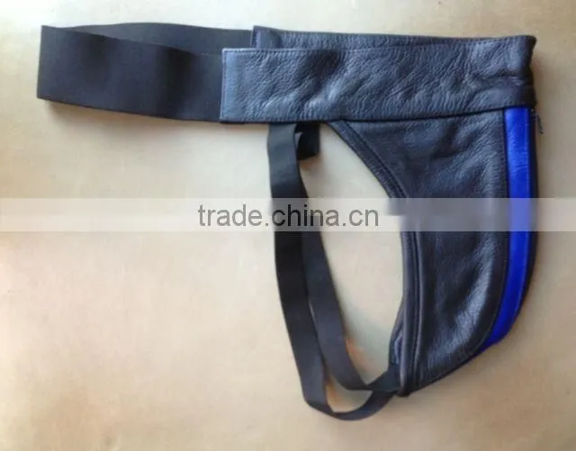 Leather Blue Striped Zip Fronted leather jock strap underwear