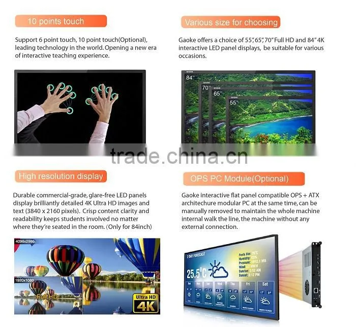 2016 new 32inch to 110 inch LCD android media player free stand wifi/3g cable network interactive whiteboard for school