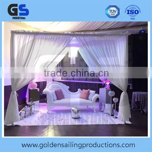 Decorative pipe and drape wedding backdrop, adjustable uprights and crossbar