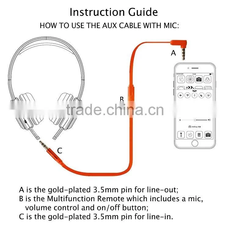 In-Line Remote Microphone 3.5mm Auxiliary Audio Cable with Voice Control