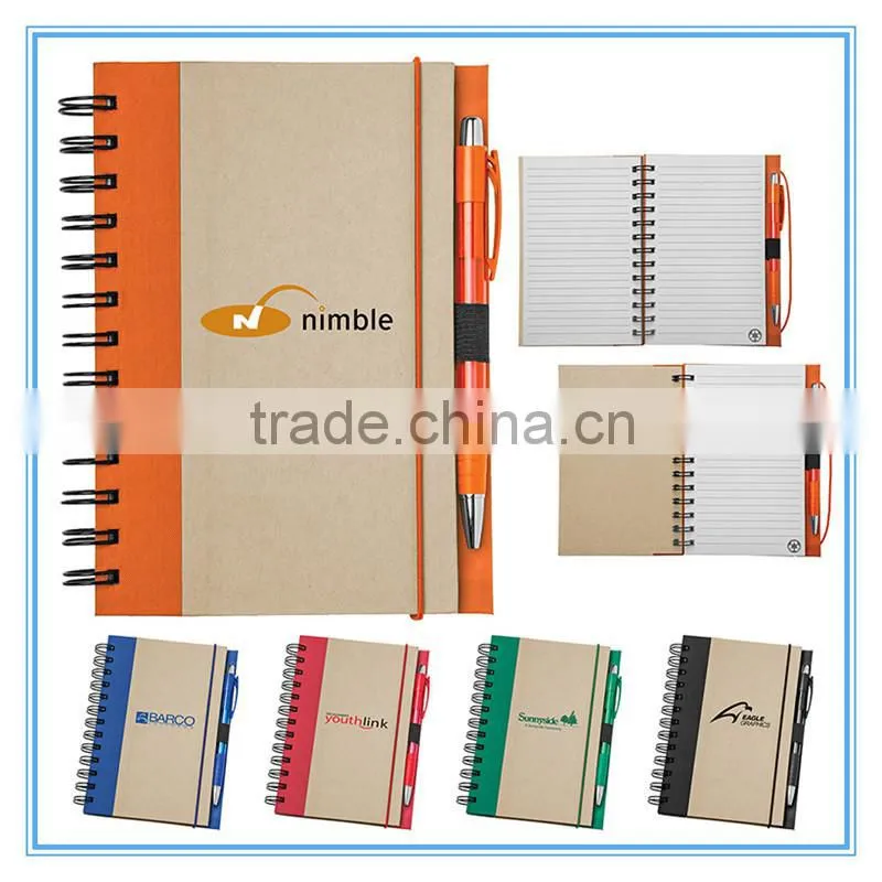 Wholesale office and school supplies imprint kraft paper cover spiral note book with pen