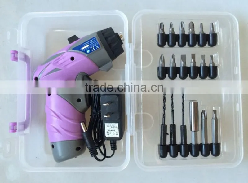 3.6Volt/4.8Volt Best selling pink color woman cordless screwdriver with 18pcs bits in plastic carry case
