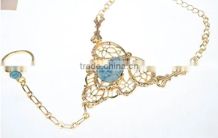 Womens Gold Slave Chain Finger Ring Bangle Hand Harness Bracelet Turquoise Beads