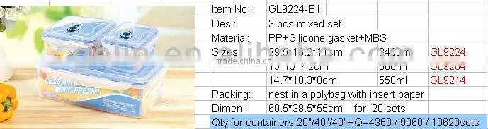 3 pcs rectangular plastic food container lunch box