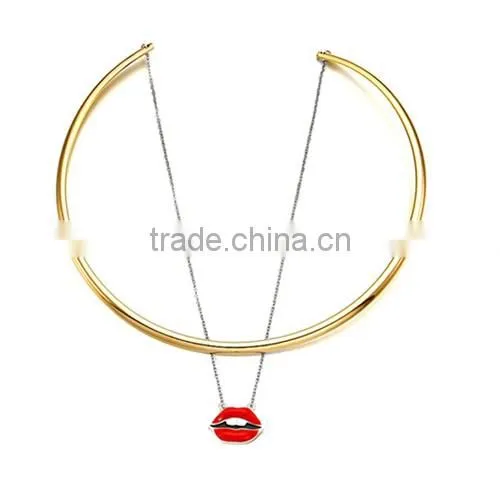 2016 Fashion Women Punk Necklaces Charm Party Gold Plated Red Lip Necklace Choker Collar Necklace