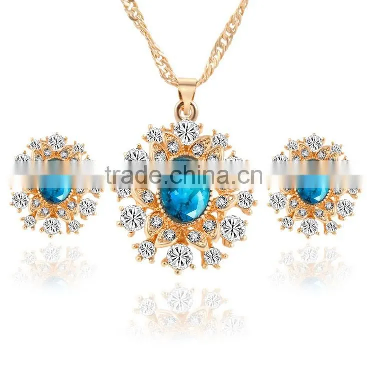 High quality big green stone korea wedding necklace and earring sets gold jewellery