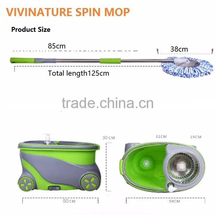 Portable Magic Mop with 2 wheels SS bucket Reusable spin Mop Heads