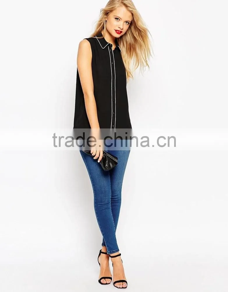 China factory OEM ODM 2015 new fashion customized Sleeveless Blouse With Contrast Piping