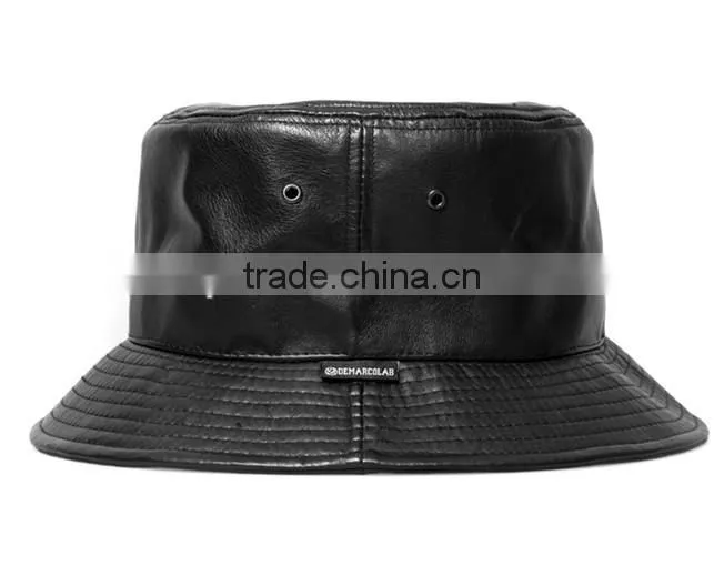Woven Label Wholesale Cheap Custom Blank Black Leather Bucket hat