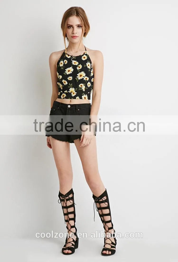 Fashion fully lined print top wholesale halter sexy woman crop top