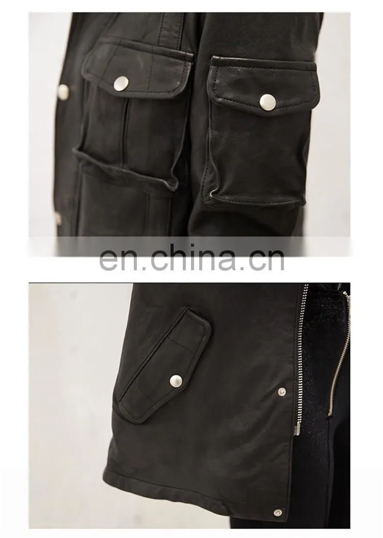 High Quality Popular Young Women Real Sheep Leather Garment Spring Ladies Long Black Coat