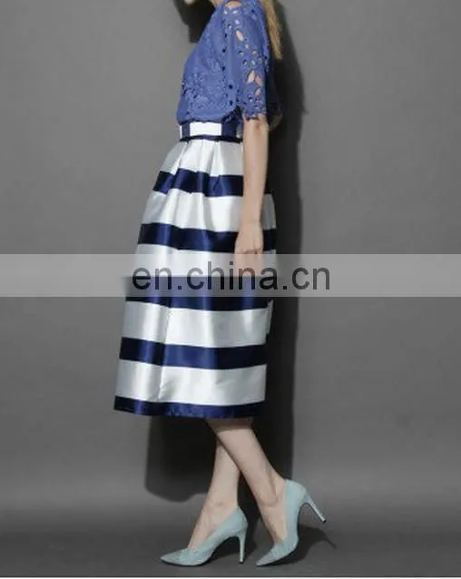 Stripes Full A-line Midi Skirt in Navy