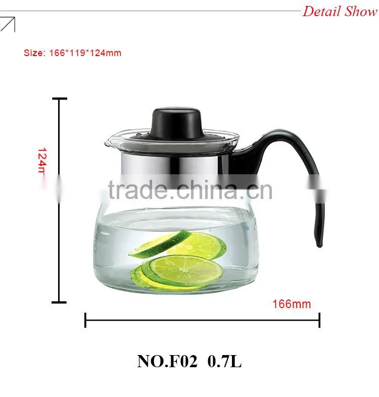 pyrex glass water pot, clear glass cooking tea pot, fancy water glass bottle with plastic handle