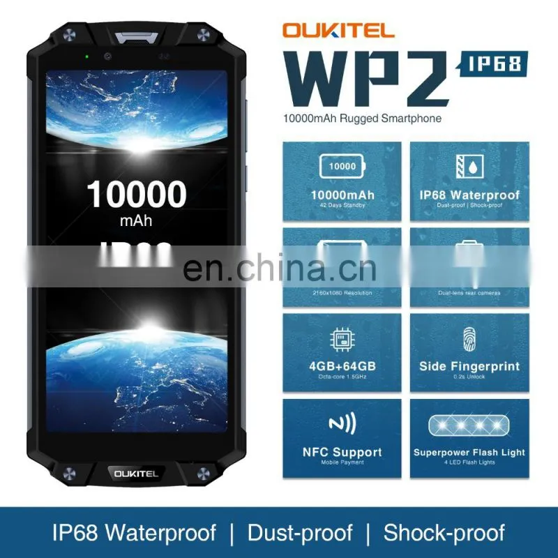 OUKITEL WP2 IP68 Waterproof Dust Shock Proof Mobile Phone 4GB 64GB MT6750T Octa Core 6.0" 18:9 10000mAh Fingerprint Smartphone