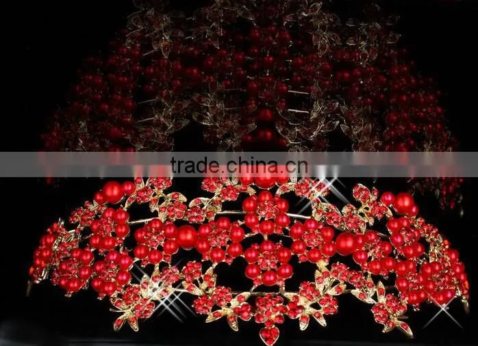 2015 New and Hot Selling The Bride Crown Bright Red Pearl Diamante Wedding Accessories