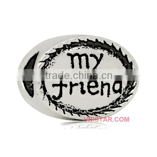 Vnistar Antique silver plated oval shped Friend & family name stamped European beads for bracelet jewelry PBD019