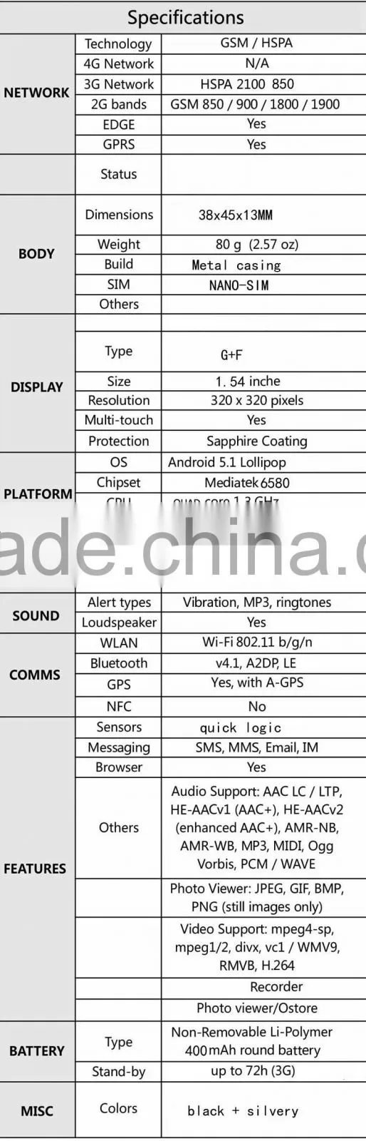 Newest Android 5.1 3G WCDMA 850/2100Mhz 3.0MP HD camera smartphone calling watch with GPS