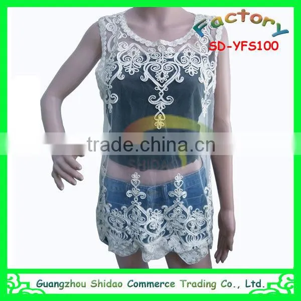 Fashion polyester non woven organza mesh high quality embroidery blouses beads decoration blouse
