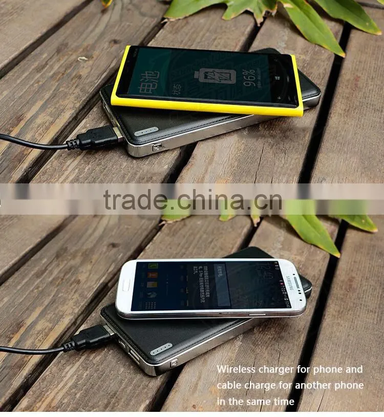 leather texture design dual charging port power bank wireless charger pad