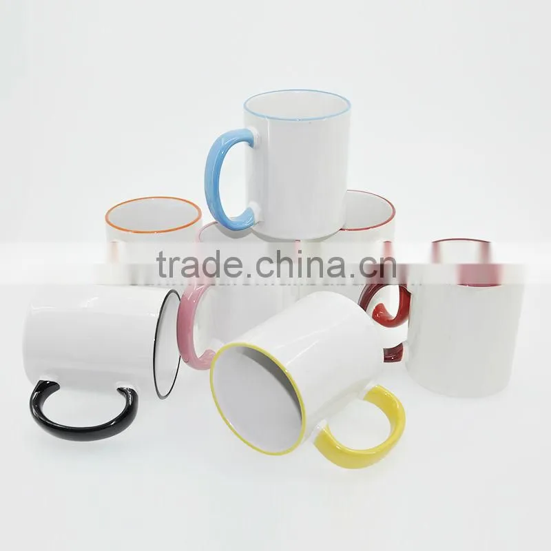 Sunmeta wholesale 11oz rim and handle color blank heat press mug, sublimation coated mug