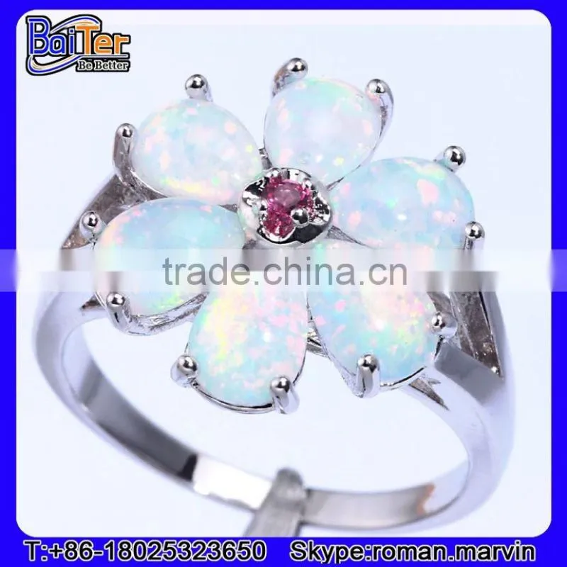 NEW Halo Set Zirconia White Fire Opal Gemstone Ring 925 Silver Silver Opal Ring With Opal Stone