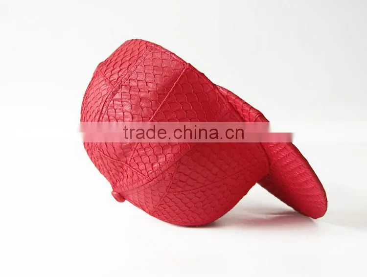 6 panel red color with good fishskin leather flat brim snapback caps