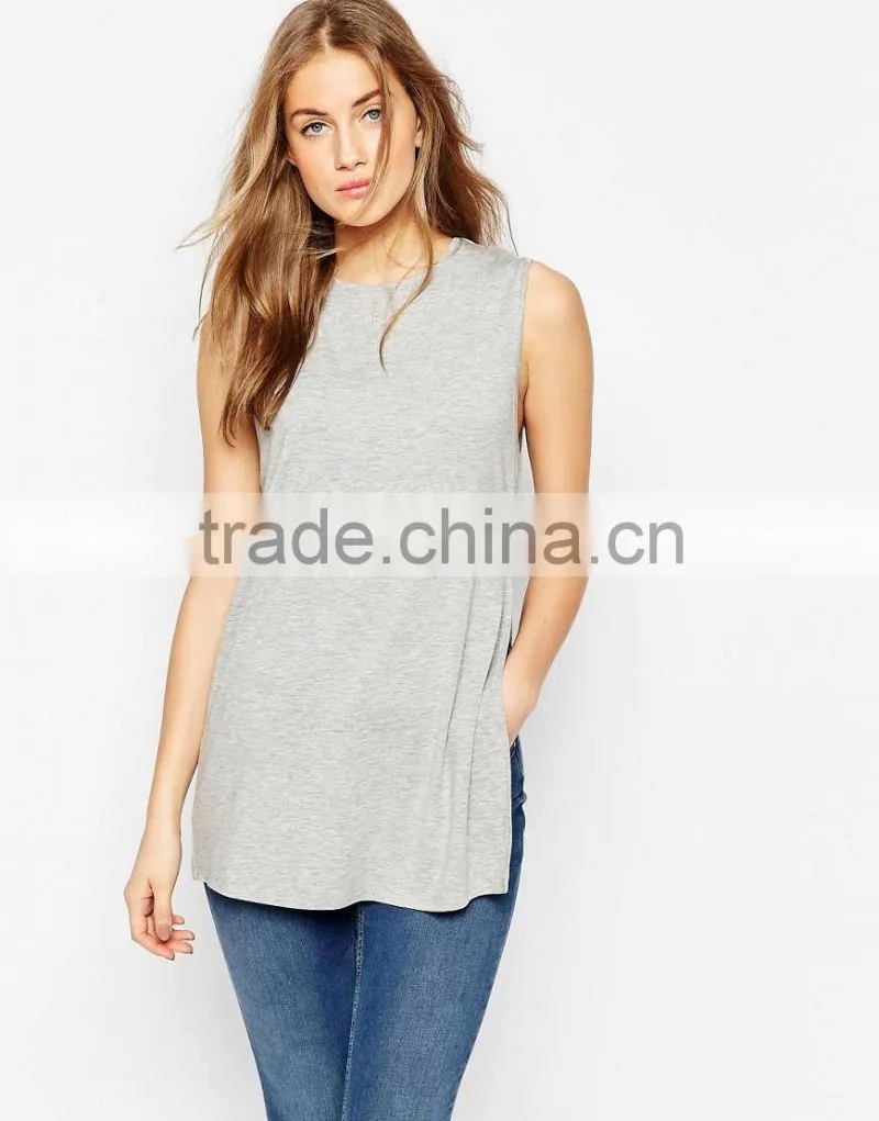 Wholesale women apparel longline top with side split sleeveless blouse patterns