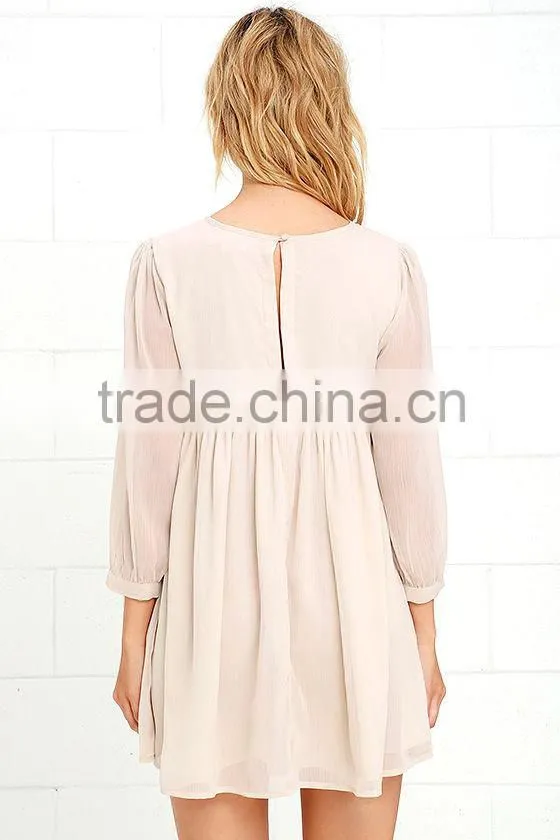 2016 latest dress design 3/4 sleeves chiffon dress with floral embroidery summer dress