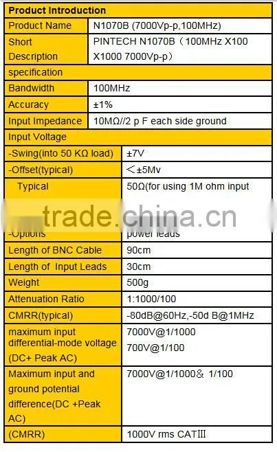 N1070B 7KV 100MHz differential probe Accuracy 1% Voltage overload protection Match any brand oscilloscope