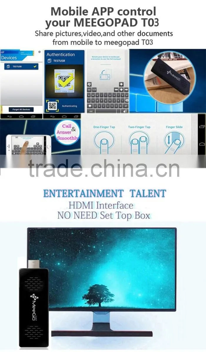 2016 newest mini pc Meegopad T03 Win10 and Android 4.4Dual OS Mini PC 2GB / 32GB Intel Quad Core TV