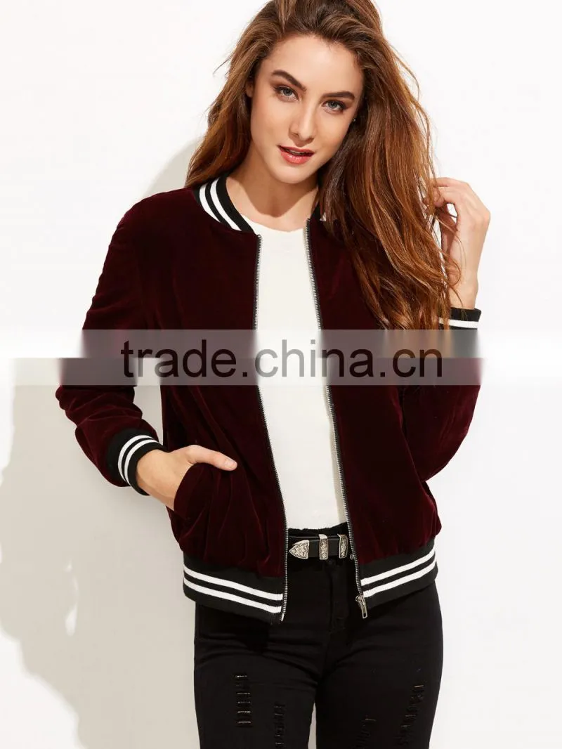 Jacket Women Winter Burgundy Stand Collar Bomber Jacket Slim Fit Velvet Blazer With Striped Trim Detail