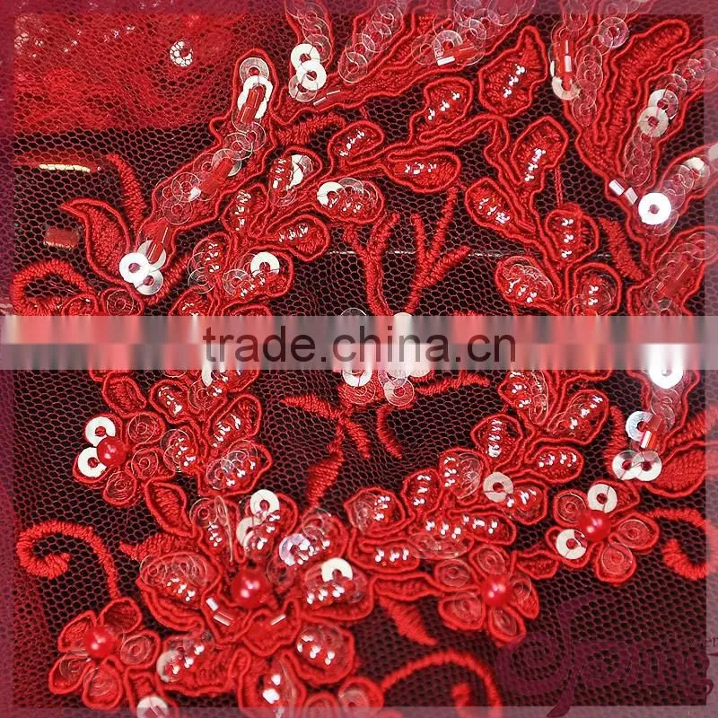 Red floral tulle embroidery with cord lace,sparkle beaded sequin lace fabric for wedding