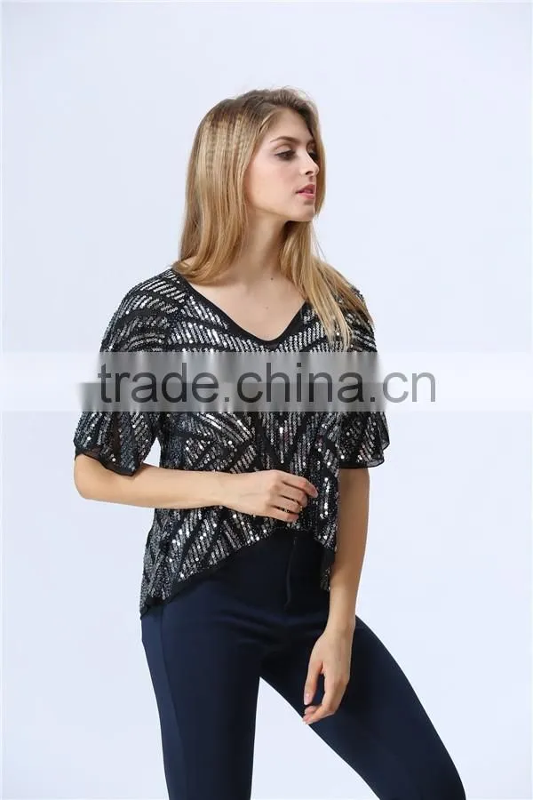 new design ladies heavy sequin embroideried embellishment beaded top Women Blouse
