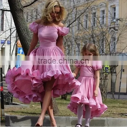 Lovely Two Pieces Mommy and me maxi Matching Dress Pink Hi low Ruffle Girls Evening Dresses