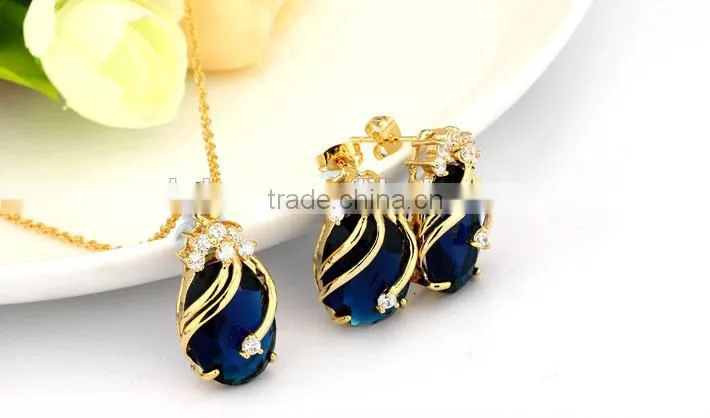 Copper Gemstone Fashion Jewelry Sets,Drop Earrings Crystal Pendant Necklace Bridal Jewelry Set (Red,Green,Blue,Purple and Black)