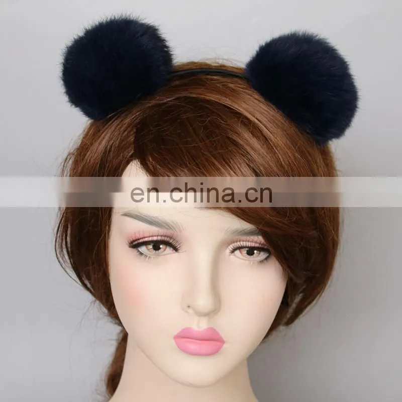 Popular style fur bobble accessory girl fur hair hoop with rabbit fur ball