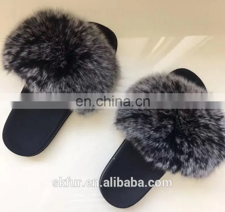 Factory wholesale long hair and soft real fox fur slides for women