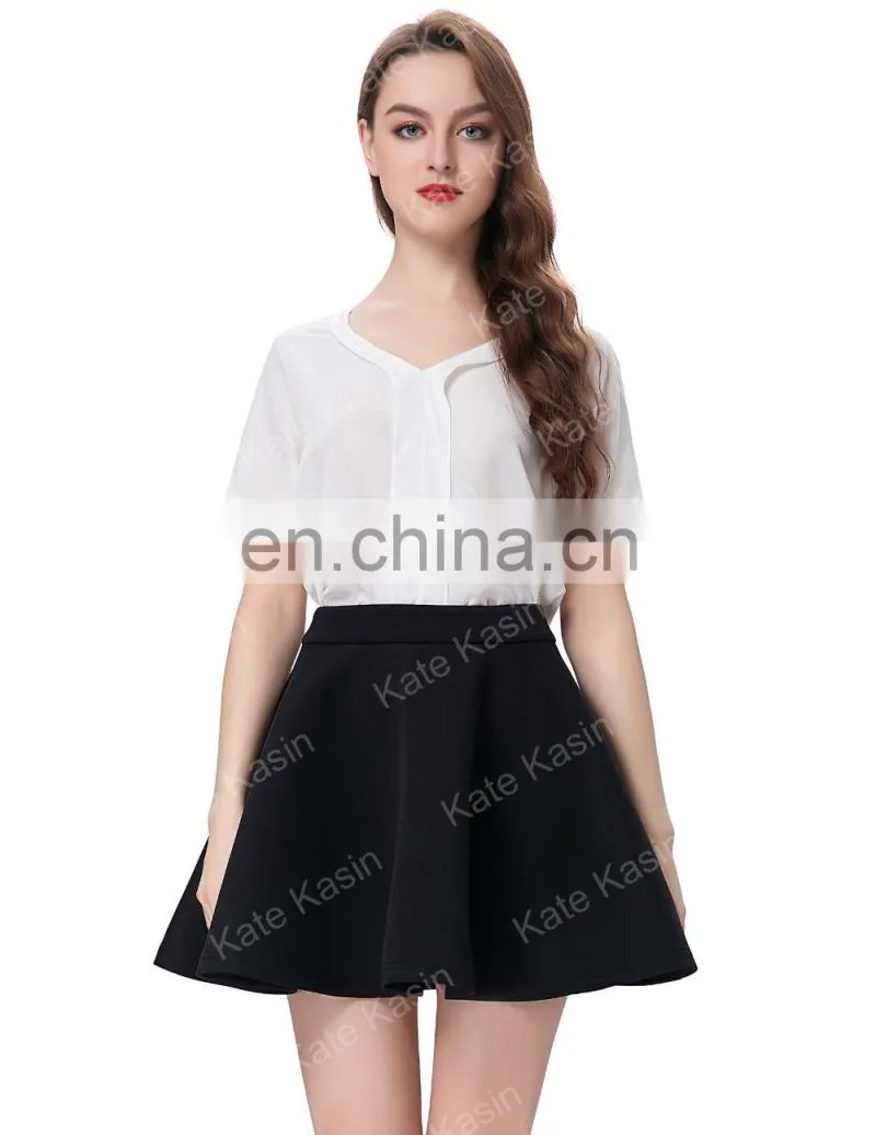 Kate Kasin Stock Womens Basic Black Stretchy Flared Skirt A-Line Skirt KK000665-1