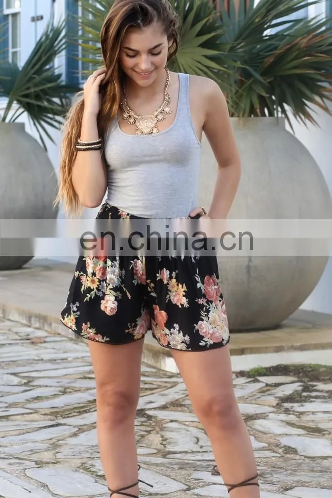 floral print shorts elastic waistband sexy hot beach shorts women