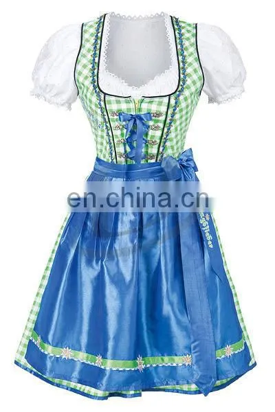 Handmade"Blue Pink 100% Cotton Dirndl German Bavarian Dress