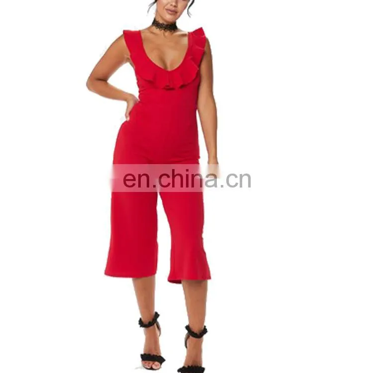 Custom red frill culotte jumpsuit women's fashion casual wear