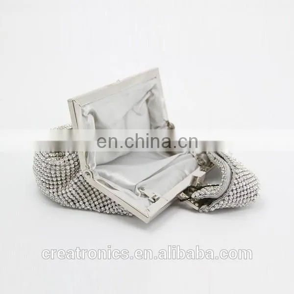 CR sample available shining diamonds surface metal frame portable long handle silver top sales trendy india clutch bag