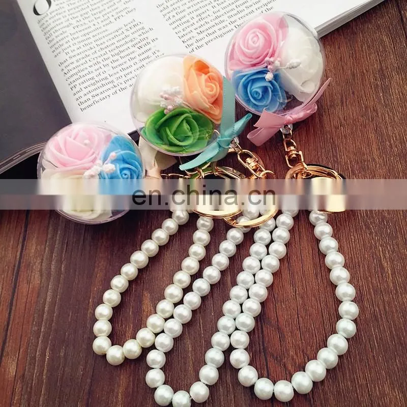 Flower Inside transparent ball key rings pearl keychain for car bag accessories