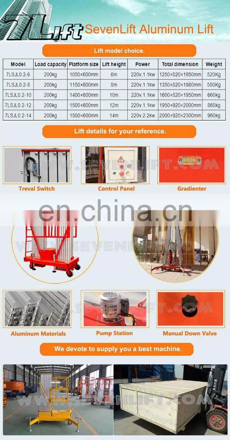 7LSJLII Shandong SevenLift portable adjustable mast climbing aluminum aerial work platform 1500kg