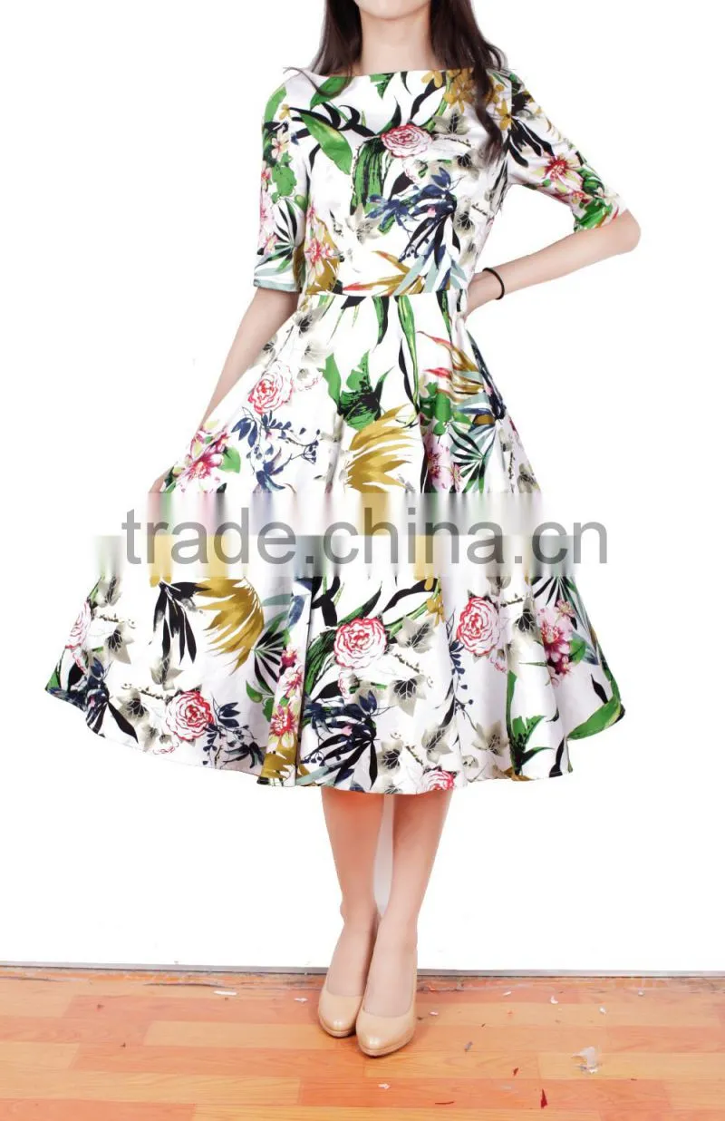 new midi half sleeve boat neckline peony printed cotton flared vintage dress 50s